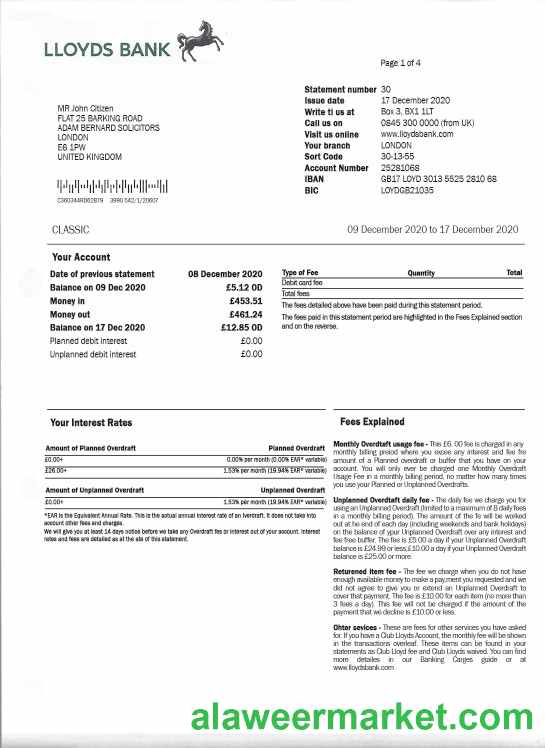 United Kingdom Lloyds bank proof of address statement template, fully editable in PSD format